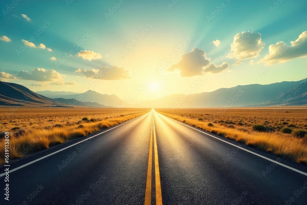 Fototapeta premium Endless asphalt ribbon vanishing into the hazy distance, sun-drenched landscape stretching towards the horizon A scenic summer highway journey awaits , destination, adventure