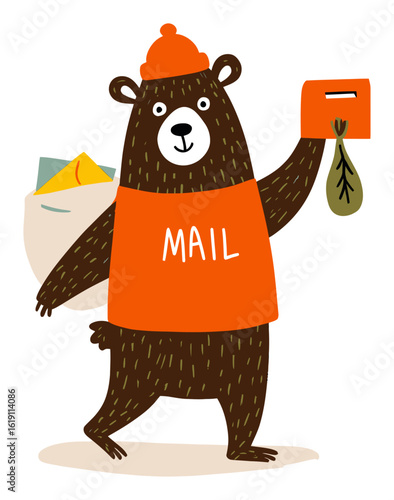 Cartoon Bear Mail Carrier with Package and Letterbox Vector Illustration