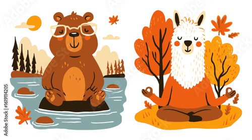 Cute Cartoon Bear and Llama Meditating in Autumn Landscape