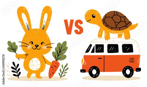 Cute Cartoon Rabbit and Turtle with Car in a Fun Showdown Illustration