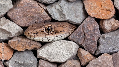 Brown Snake Partially Concealed Among Varied Stones