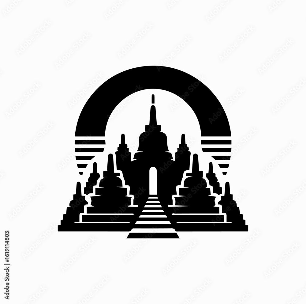 Fototapeta premium Minimalist Black Vector Logo of Borobudur Temple with Rising Sun Isolated on White Background 