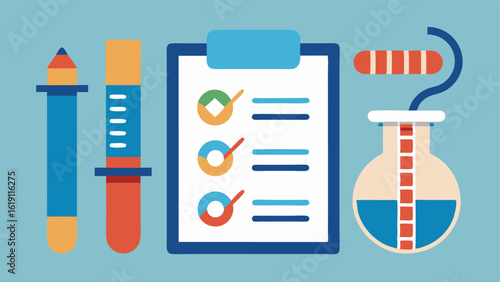 DNA Testing Kit A simple illustration of a DNA testing kit with vials and swabs and a checklist of what the kit analyzes like disease markers and genetic traits.