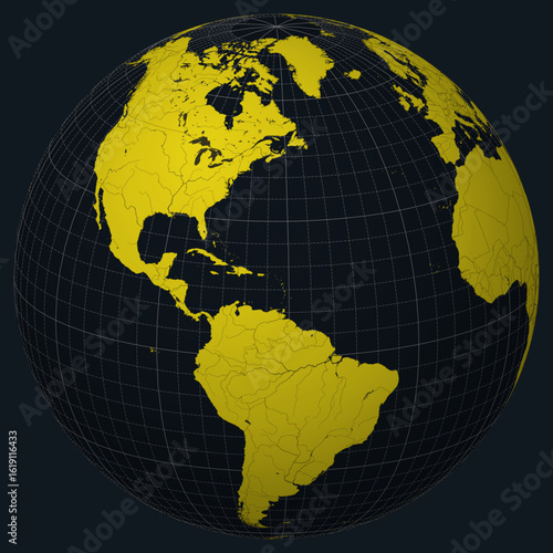 Saint Barthelemy on Globe. Country view on the world map in Charcoal Bright Yellow color palette. Saint Barthelemy shape on map. Globe with meridians, parallels, countries, rivers and lakes.