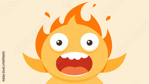 Cartoon Style A cartoonish character with wide eyes and an open mouth depicting a mixture of surprise and fervor. Their head is enveloped in playful cartoon flames that are