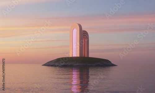 Abstract 3D Render of Glowing Archway on Island at Sunset