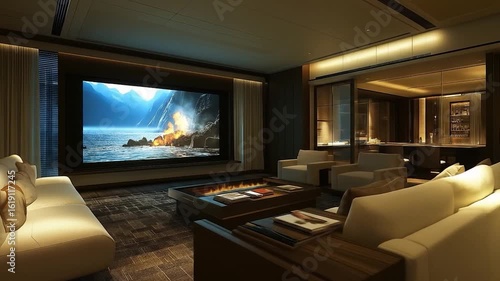 Wallpaper Mural Luxury Home Theater: A sophisticated home theater, showcasing a large screen displaying stunning visuals, complemented by plush seating and an inviting ambiance. Torontodigital.ca