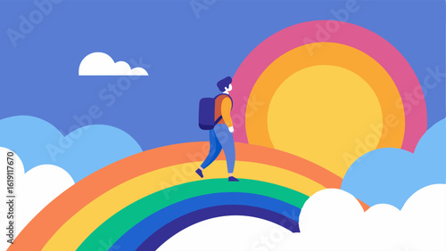 Adventure Above the Clouds A figure wearing a light backpack strides confidently along a wide rainbow that appears to be floating above soft cottonlike clouds. The sun is setting