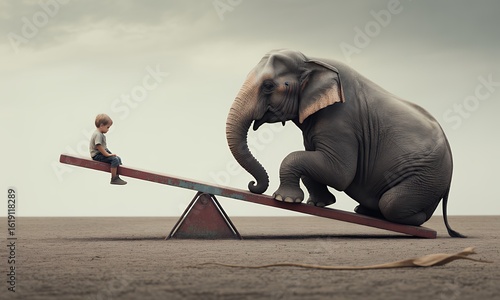 Child and Elephant on Seesaw Balance Contrast Surrealism