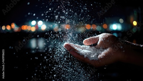 Hand releasing a flurry of particles at night