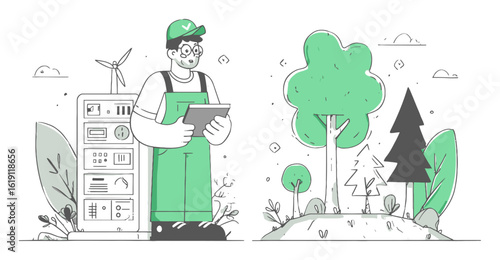 Eco-friendly Technician with Renewable Energy Solutions in Cartoon Style