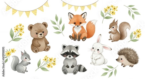 Cute Woodland Animals and Floral Elements Set