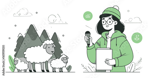 Cartoon Illustration of a Sheep Pasture and a Girl with a Microphone
