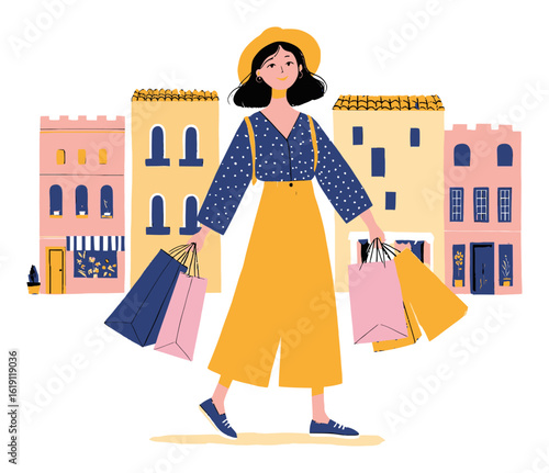 Young Woman Shopping in Colorful Urban Setting with Shopping Bags