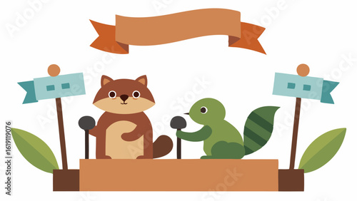 Debate Outcome The two squirrels stand proudly on a higher branch microphones in paws while above them a banner made of vines reads Forest Forum. Below the crowd of animals