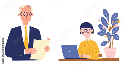 Professional Workspace Scene with Male and Female Characters in Vector Style