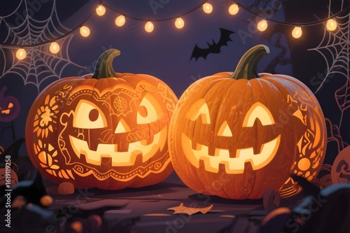 Halloween Pumpkins with String Lights and Spiders