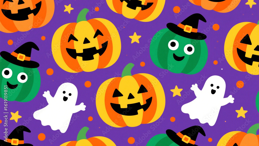 Obraz premium A vibrant and whimsical Halloween-themed pattern featuring cheerful jack-o'-lanterns with friendly, carved faces in bright orange, yellow, and green. Halloween, Halloween Costumes