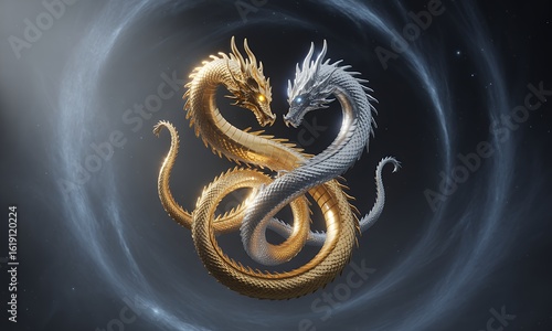 Golden and Silver Dragons Intertwined in Space