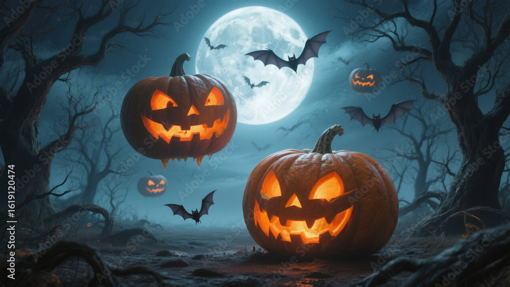 Fototapeta premium Large jack-o'-lanterns with bright orange eyes float mysteriously in the air, casting eerie shadows on the ground below. Halloween, Halloween Costumes, Halloween Background, Happy Halloween