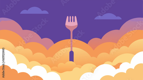 Cloud Cuisine A whimsical kitchen scene in the sky features a giant fork resting against a big white cloud that resembles a generous serving of whipped cream. Nearby other clouds