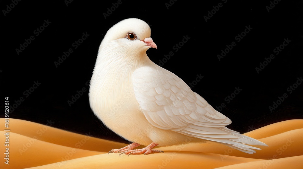 Fototapeta premium Serene White Dove on Textured Orange Sand Against Black Background