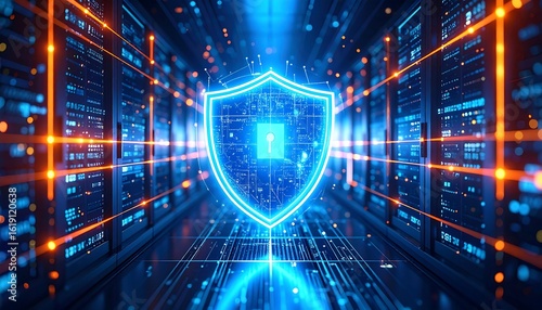 Futuristic cybersecurity concept showing a glowing shield protecting a network in a high-tech server room data center.