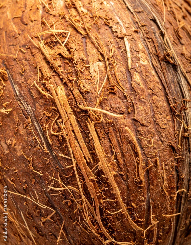 Fototapeta premium Close Up of a Textured Brown Coconut Shell Surface with Intricate Fiber Details