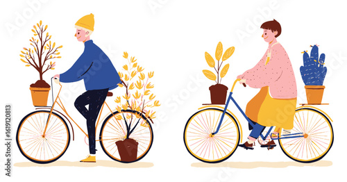 Man Watering Plants with Colorful Tree and Pots in Vector Illustration Style