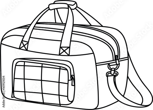 Duffel Bag Line Drawing, Double Zipper Compartments, Front Grid Pocket, Shoulder Strap Design, Travel Sports Gear Illustration, Vector Fashion Sketch