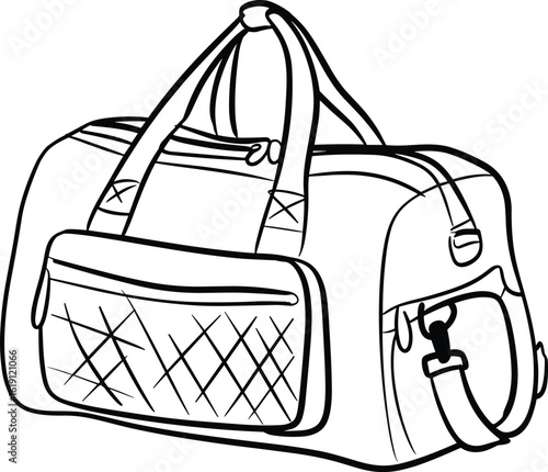 Duffel Bag Line Drawing, Quilted Front Pocket, Zipper Closure, Shoulder Strap Design, Travel Sports Gear Illustration, Stylish Accessory Vector Sketch
