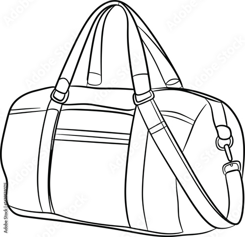 Duffel Bag Line Drawing, Rounded Shape, Zipper Front Pocket, Shoulder Strap, Top Handles, Travel Gear Sketch, Vector Illustration, Sports Accessory