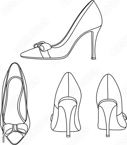 High Heel Shoe Multi-View Drawing, Bow Detail, Pointed Toe, Stiletto Heel Sketch, Fashion Footwear Illustration, Stylish Women's Accessory, Vector Art