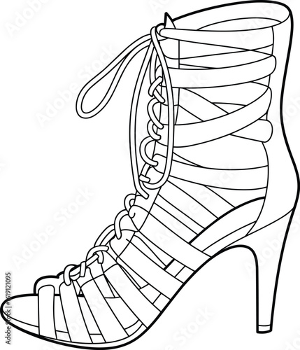 Strappy High Heel Shoe Line Drawing, Lace-Up Design, Open Toe, Fashion Footwear Sketch, Stylish Women's Accessory, Multi-Strap Illustration, Vector Art