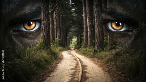 Mysterious Pathway with Enigmatic Eyes Watching Vegetation Surroundings