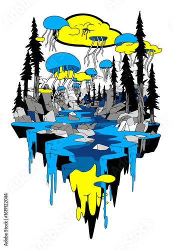 Colorful Abstract Landscape with Jellyfish and Stylized Trees
