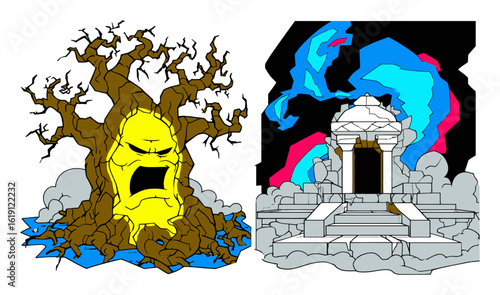 Cartoon Character Screaming in Fright Near Ruined Temple and Coral Rocks