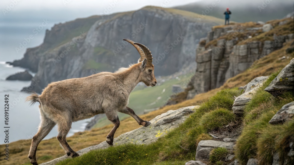 Fototapeta premium Mountain goat navigating rocky terrain near coastal cliffs