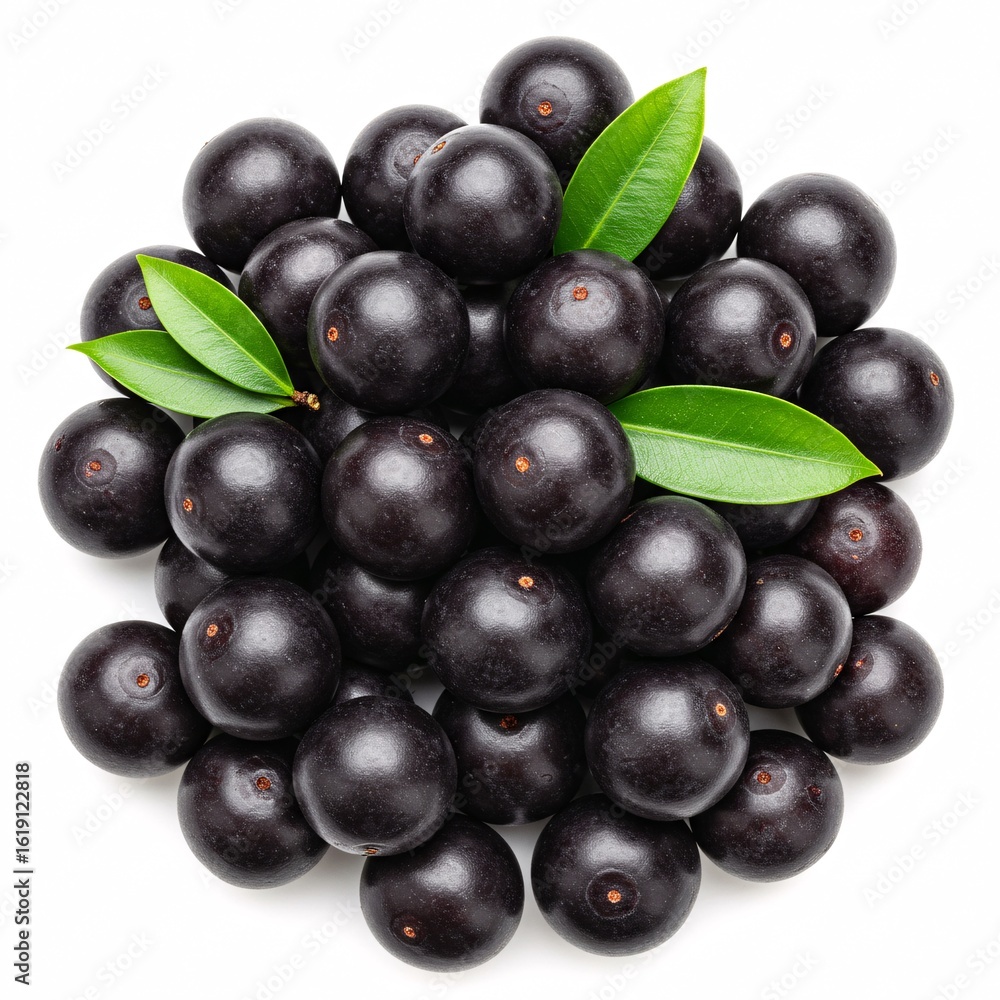 Fototapeta premium Pile of acai berries with green leaves isolated on white background