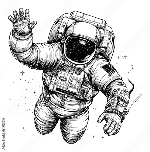 Hand Drawn Engraving of an Astronaut Floating in Space with Stars