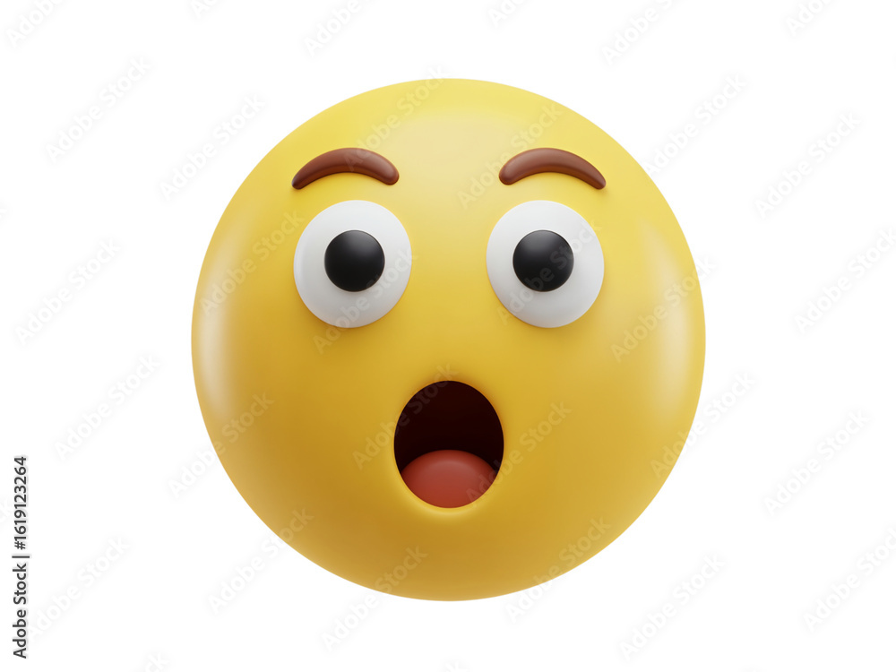 Fototapeta premium Surprised yellow emoji face with wide open mouth and big eyes expressing shock and amazement isolated on transparent background
