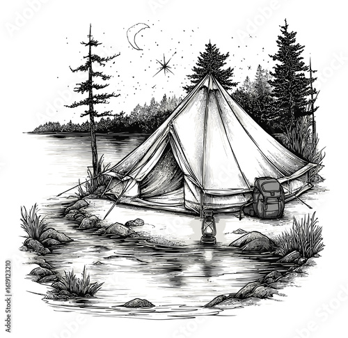 Hand-Drawn Engraving of a Camping Tent by a Serene Lake