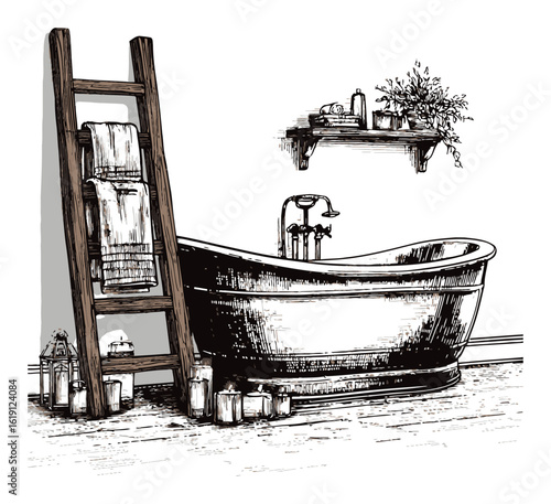 Elegant Hand-Drawn Engraving of a Vintage Bathtub in a Cozy Bathroom Setting