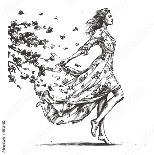 Elegant Hand-Drawn Engraving of a Woman in Flowing Dress Among Butterflies