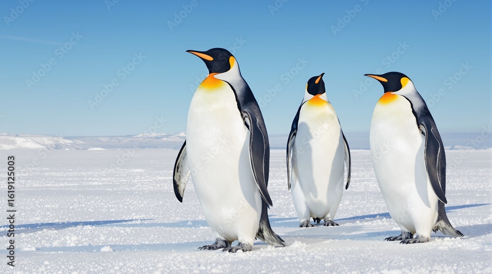 Fototapeta premium Three Penguins on Snowy Landscape