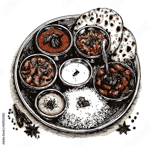Hand Drawn Engraving of Traditional Indian Cuisine Platter with Various Dishes