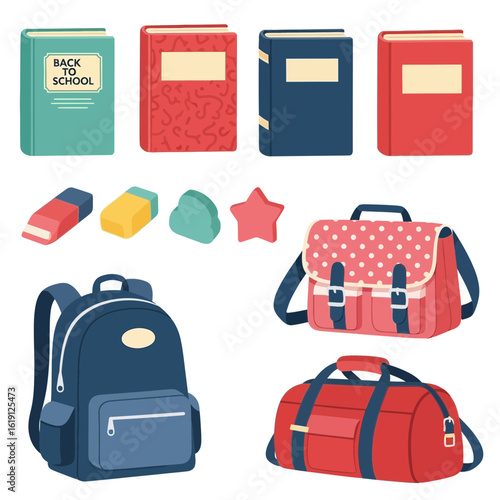 Colorful school supplies collection including books, erasers, backpacks, and a duffel bag, perfect for back to school projects and educational design.