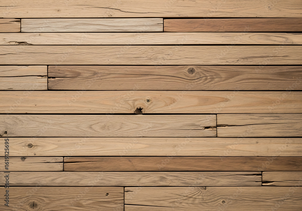 Fototapeta premium A rustic, weathered wooden plank wall with visible grain, knots, and imperfections, showcasing natural texture and warm tones.