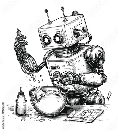 Vintage Robot Chef Engraving with Whisk and Mixing Bowl in Hand Drawing Style