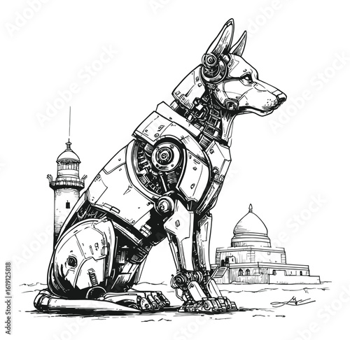 Detailed Hand-Drawn Engraving of a Robotic Dog Beside Landmark Structures